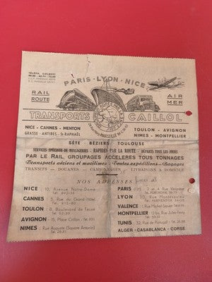 Ancien papier Transports Caillol vintage Paris Lyon Nice, document transport rar