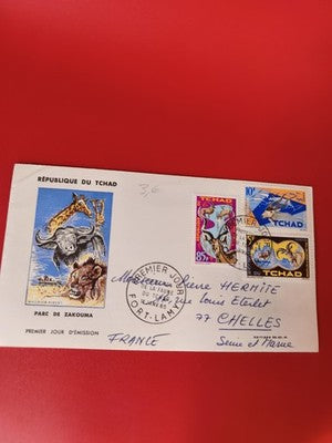 Ancienne lettre premier jour Tchad animaux timbres oblitérés vintage collection