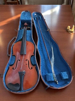 Violon ancien français début XXe, lutherie Lorraine, étui bleu, archet abîmé