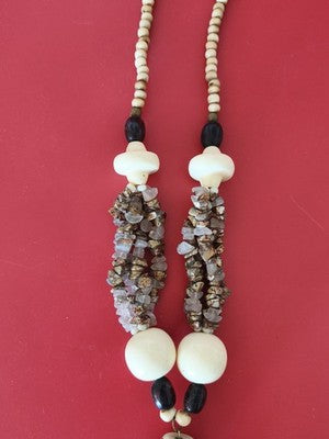 Collier vintage ancien en os et pierres naturelles, bijou rétro authentique à co