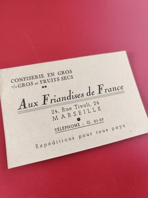 Ancienne carte publicitaire vintage Aux Friandises de France Marseille confiseri