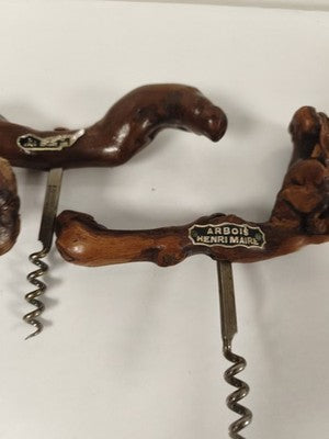 Lot 3 tire-bouchons anciens bois sculpté Arbois Henri Maire collection vintage