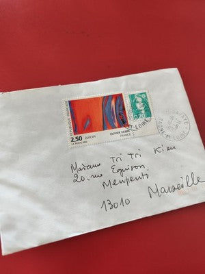 Ancienne enveloppe timbrée oblitérée France philatélie, timbres 1993 colorés