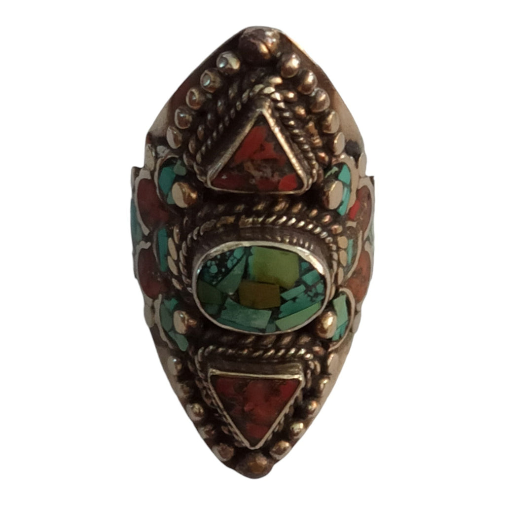 Bague tibétaine pierres naturelles, motif ethnique, taille 58, turquoise corail