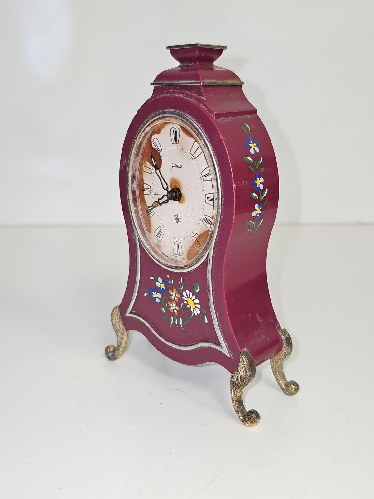 Réveil musical ancien Goldbuhl Allemagne peint main, années 60, à restaurer vint