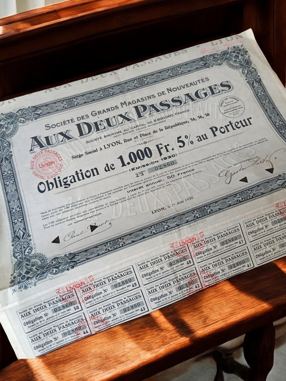 Action ancienne AUX DEUX PASSAGES 1930 document financier vintage Lyon
