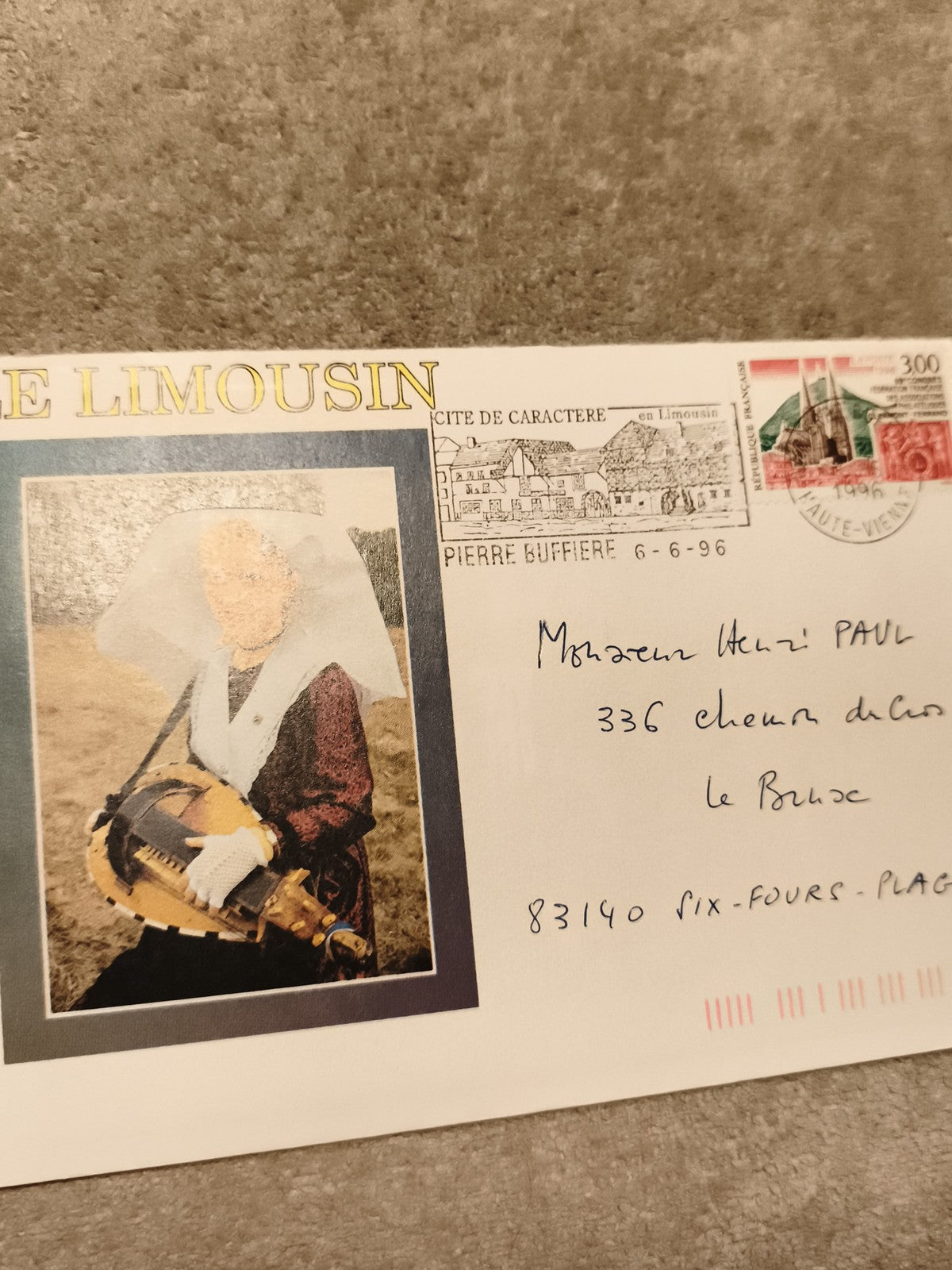 Lettre premier jour Limousin 1996 Pierre-Buffière timbre 300F philatélie (Ref 27
