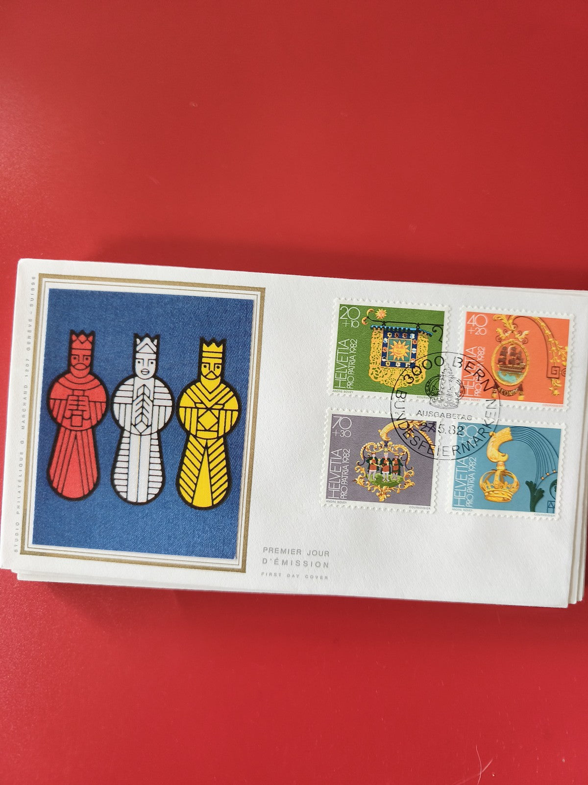 Enveloppe philatélie Suisse Timbres Premier Jour Rois mages illustration colorée