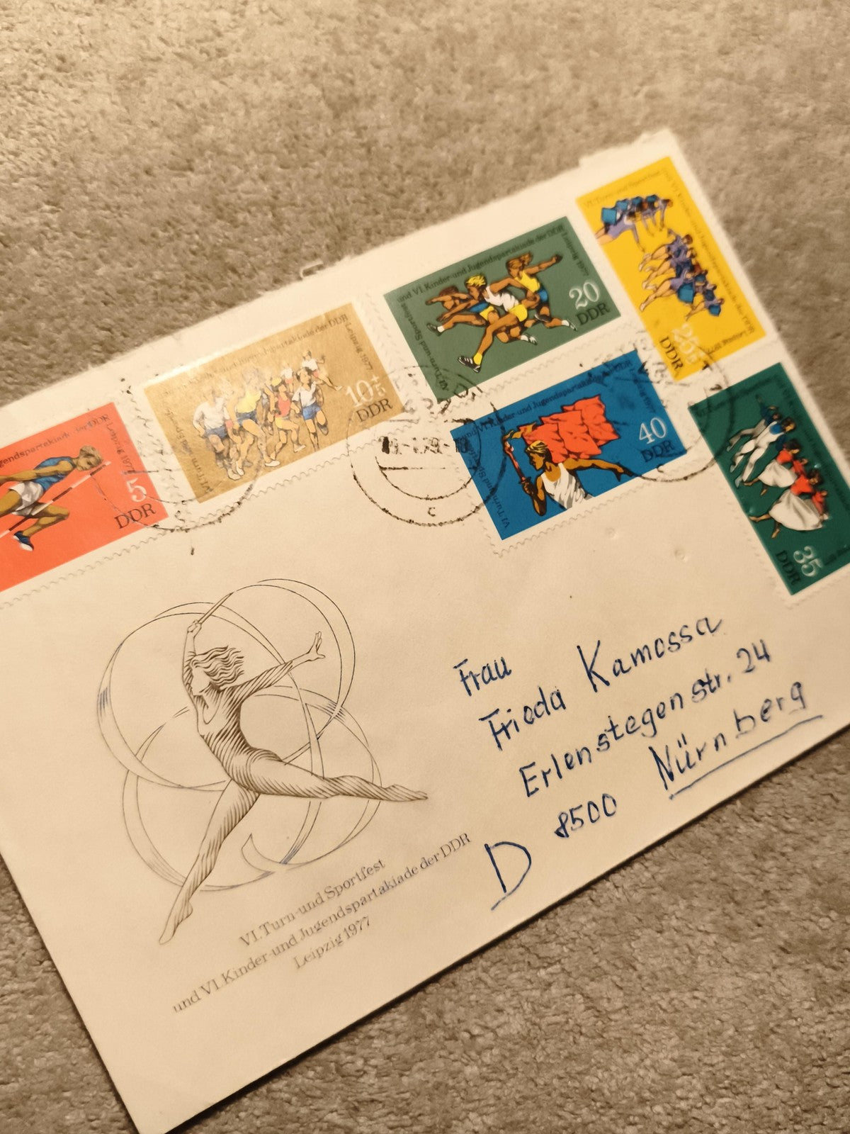 Lettre affranchie DDR 1977 Leipzig sport, 6 timbres illustrés gymnastique (Ref 9