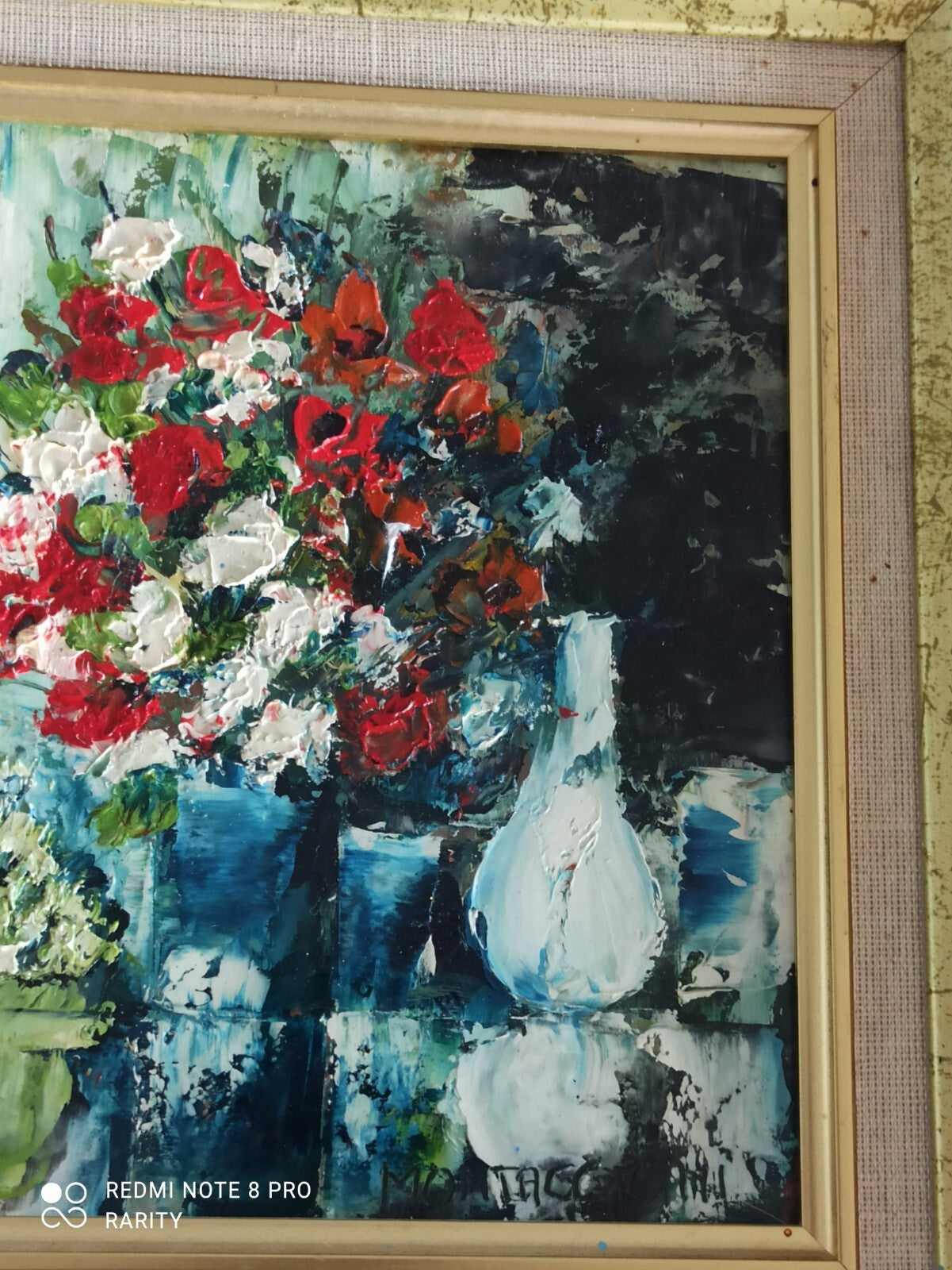 Tableau ancien signé Montaggioni fleurs nature morte cadre doré 32x28 cm peintur
