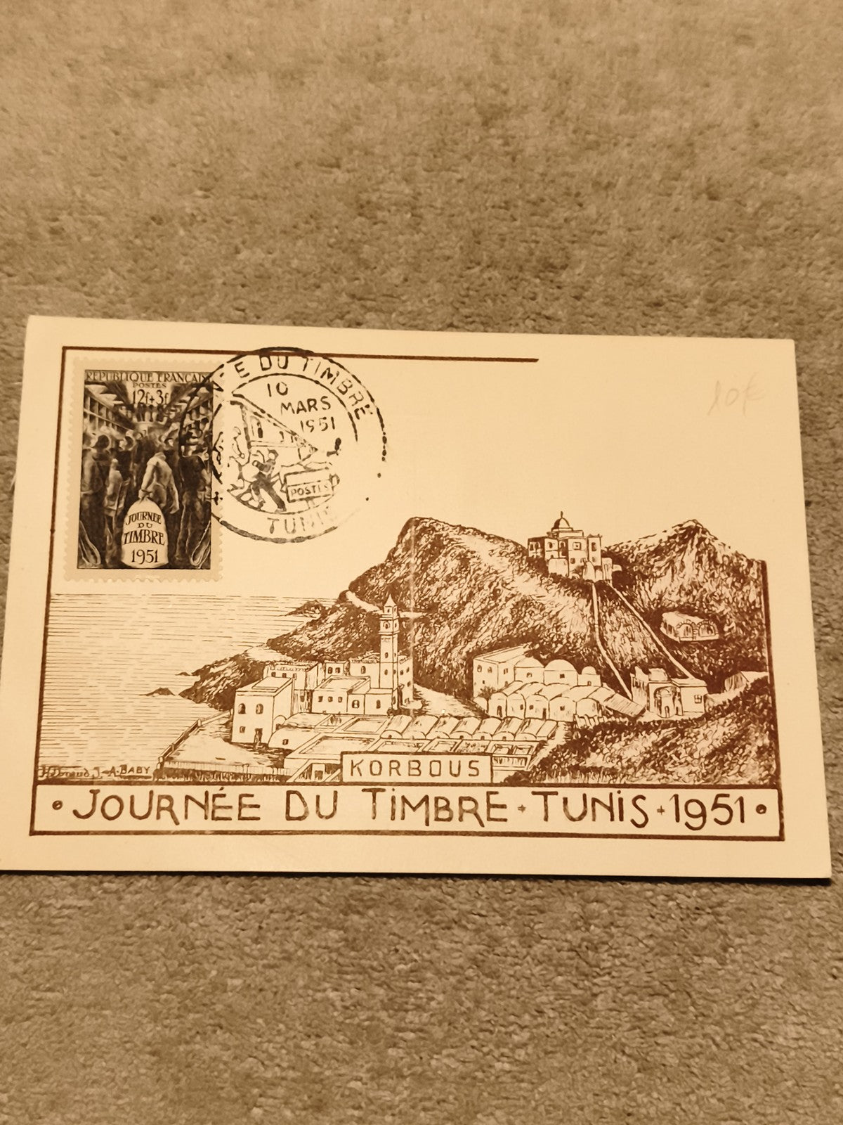 Carte philatélique Journée du Timbre Tunis 1951 cachet spécial Korbous