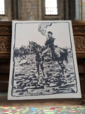 Lithographie signée A. Grasset Cavalier en campagne scène militaire vintage