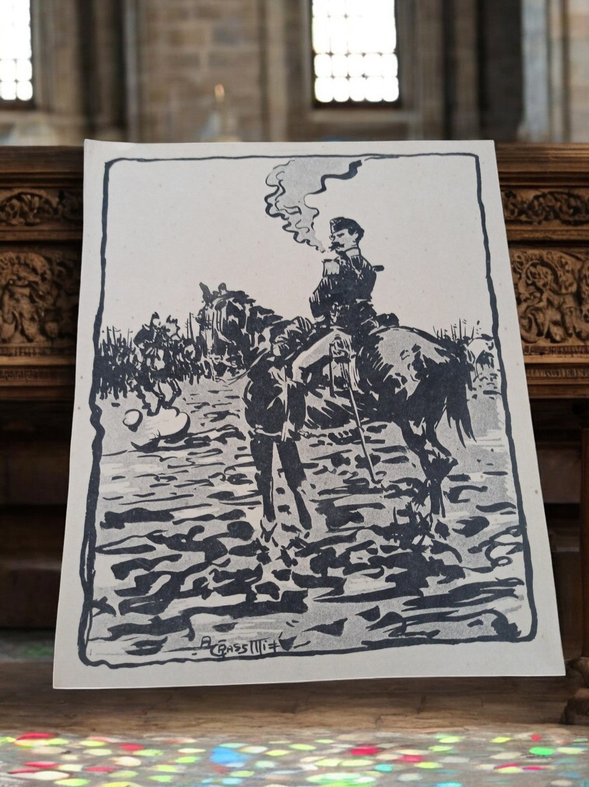 Lithographie signée A. Grasset Cavalier en campagne scène militaire vintage