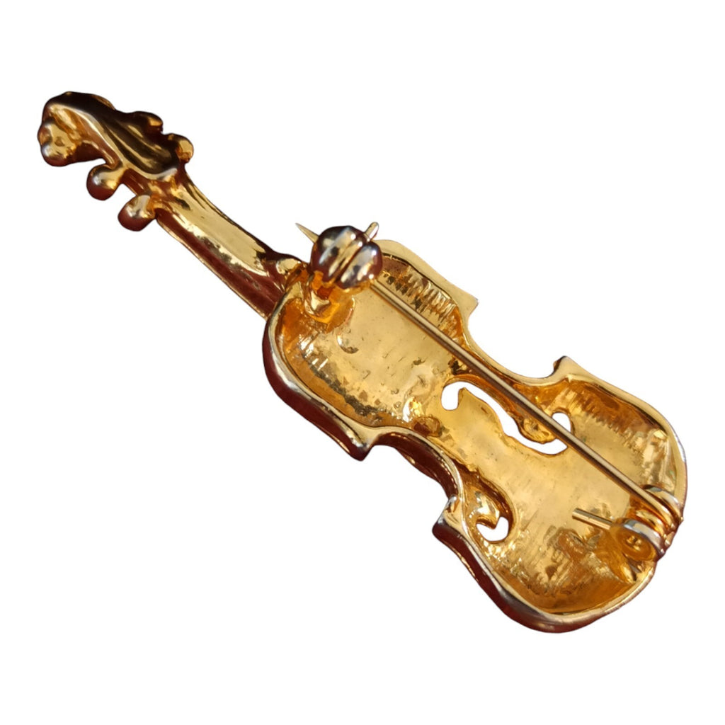 Broche violon dorée vintage, strass, bijou raffiné ancien, épingle costume