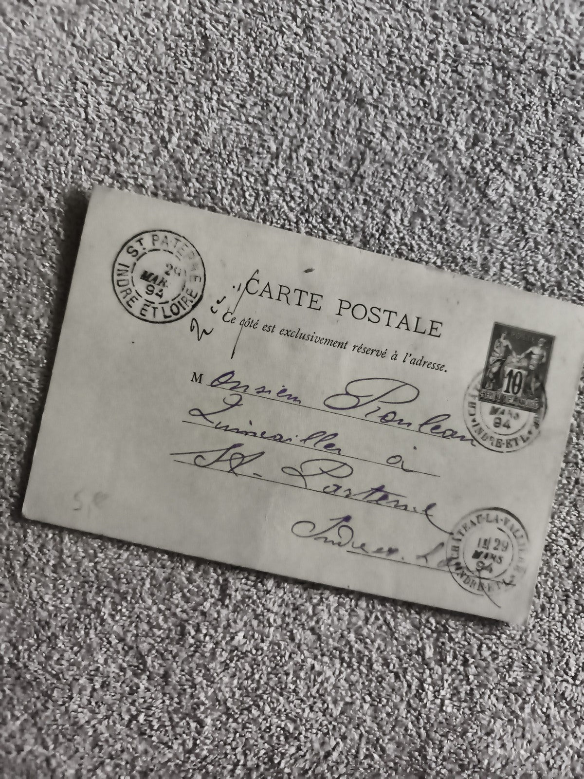 Carte postale timbrée France 10c 1924 oblitération St Patrice philatélie (Ref 1)