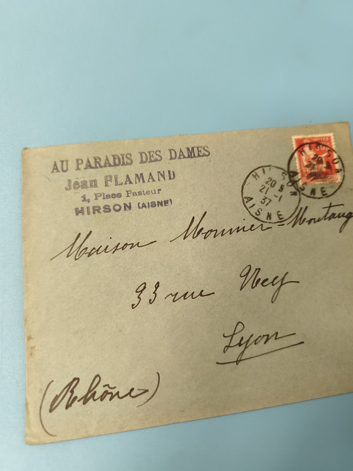 Ancienne enveloppe oblitérée début XXe, timbre rouge, Hirson-Lyon, philatélie