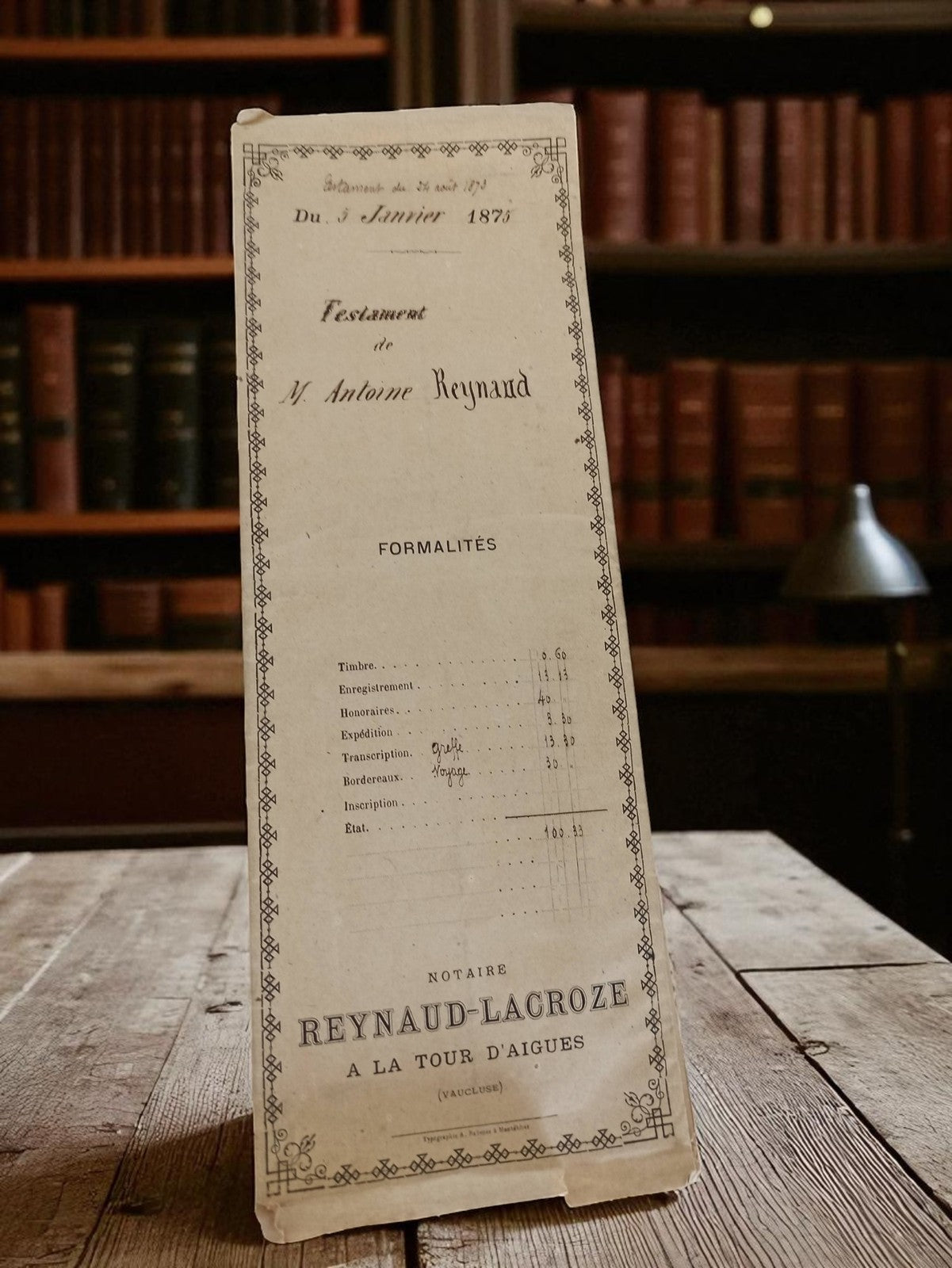 Testament ancien 1875 Reynaud-Lacroze notaire document manuscrit héritage