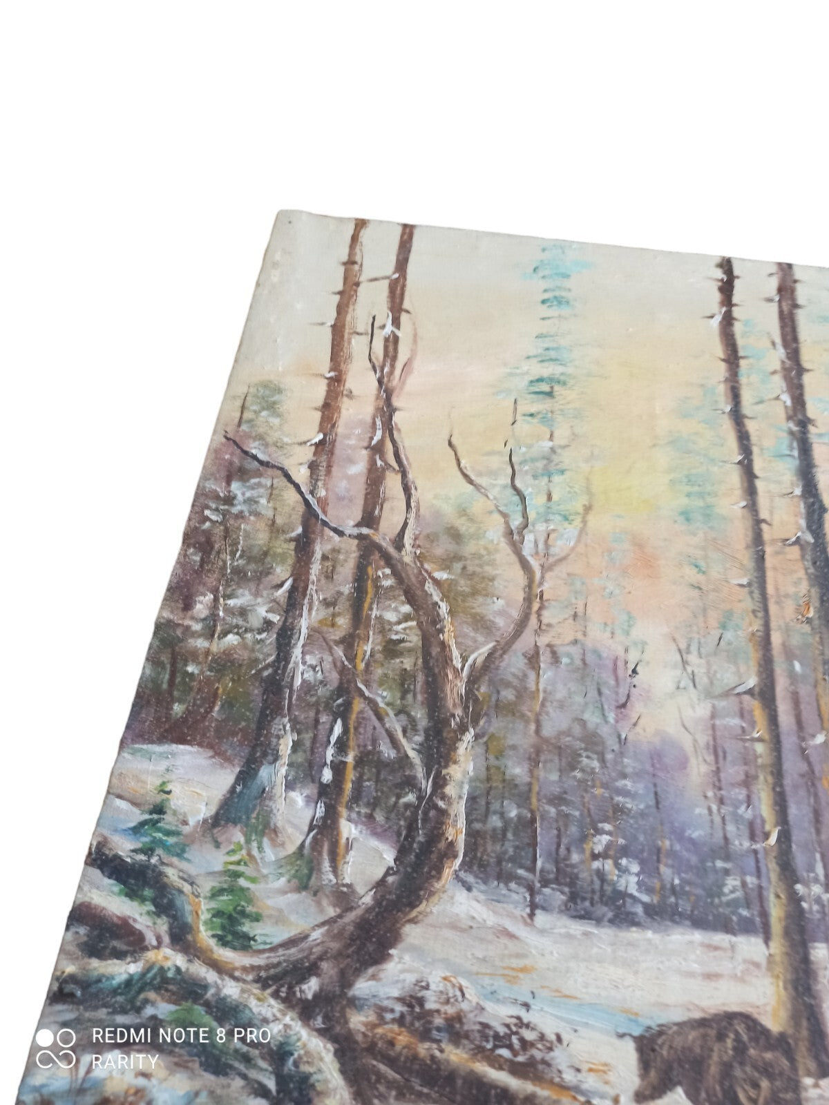Tableau original signé A. Mottie sangliers forêt neige, peinture scène hivernale