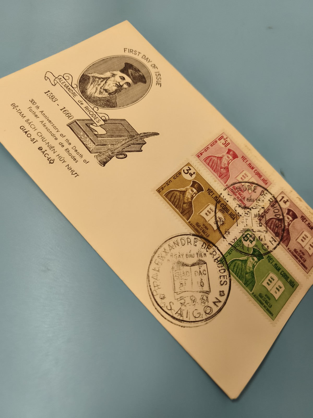 Ancienne enveloppe FDC Vietnam Alexandre de Rhodes timbres oblitérés Saïgon