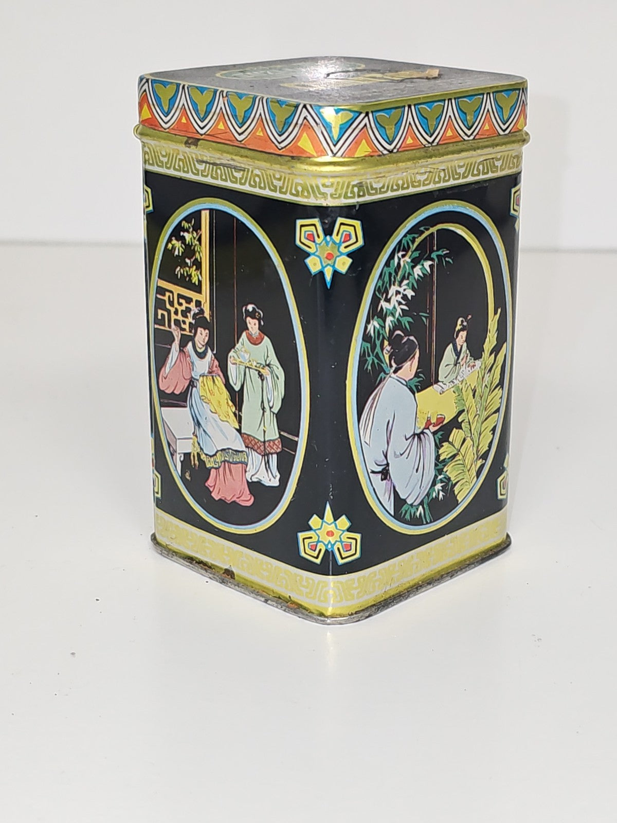 Boîte ancienne rétro collection thé noir Lichee China, vintage déco chine