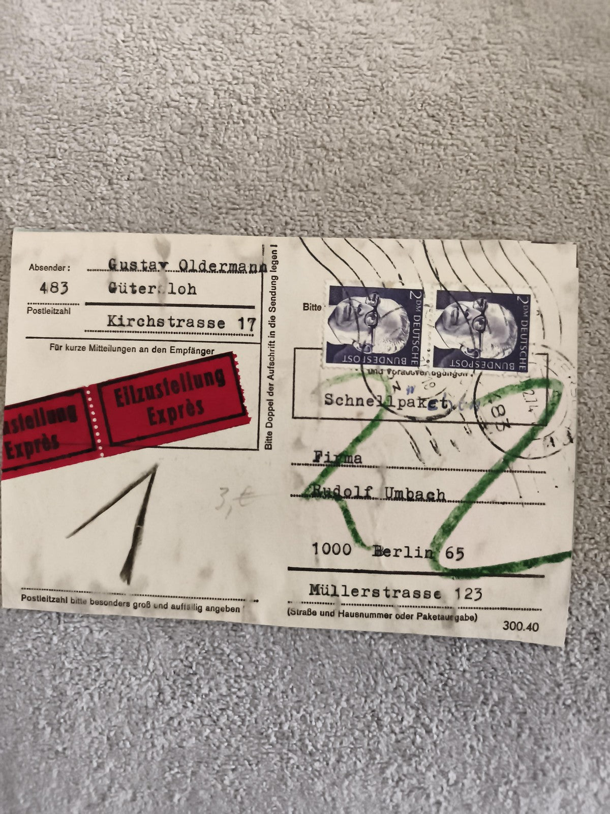 Lettre expresse Allemagne timbres Deutsche Bundespost Schnellpaket étiquette Exp