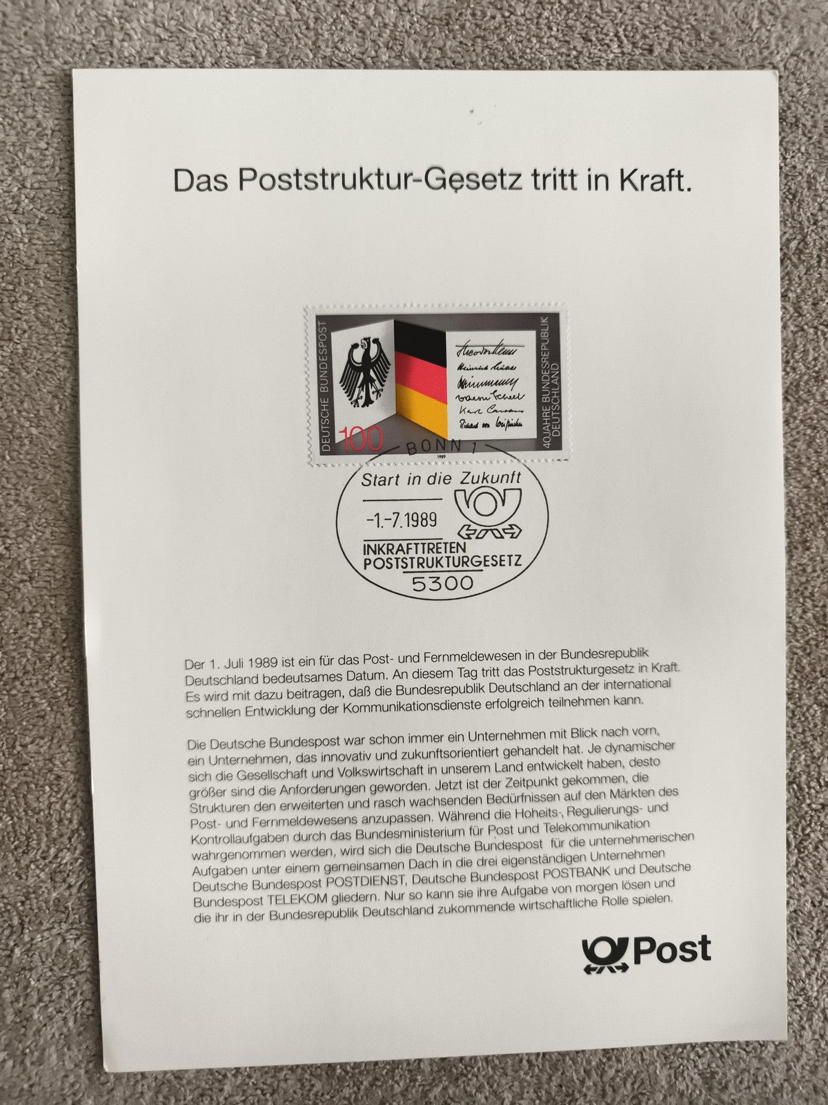 Première jour d'émission Allemagne 1989, loi postale, Deutsche Bundespost, oblit