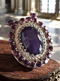 Broche vintage ovale métal argenté cabochon violet style rétro bijou ancien