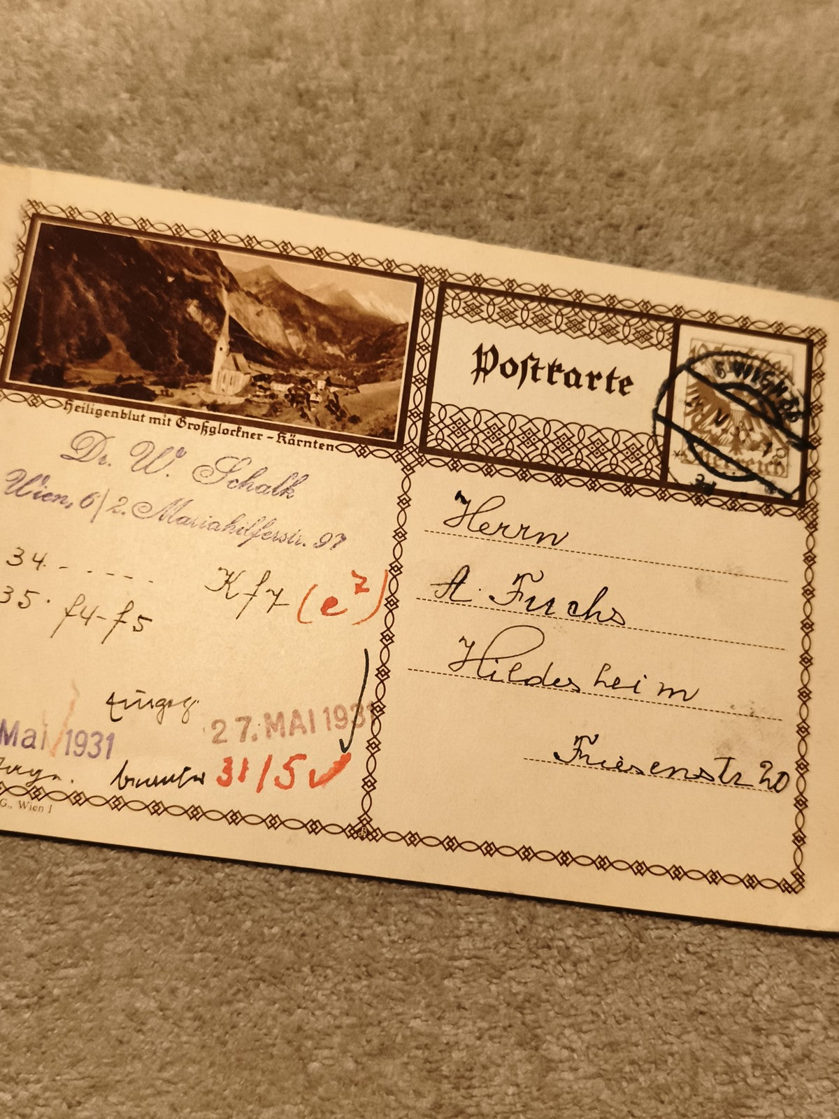 Carte postale Heiligenblut Großglockner 1931 timbre Autriche philatélie (Ref 27)