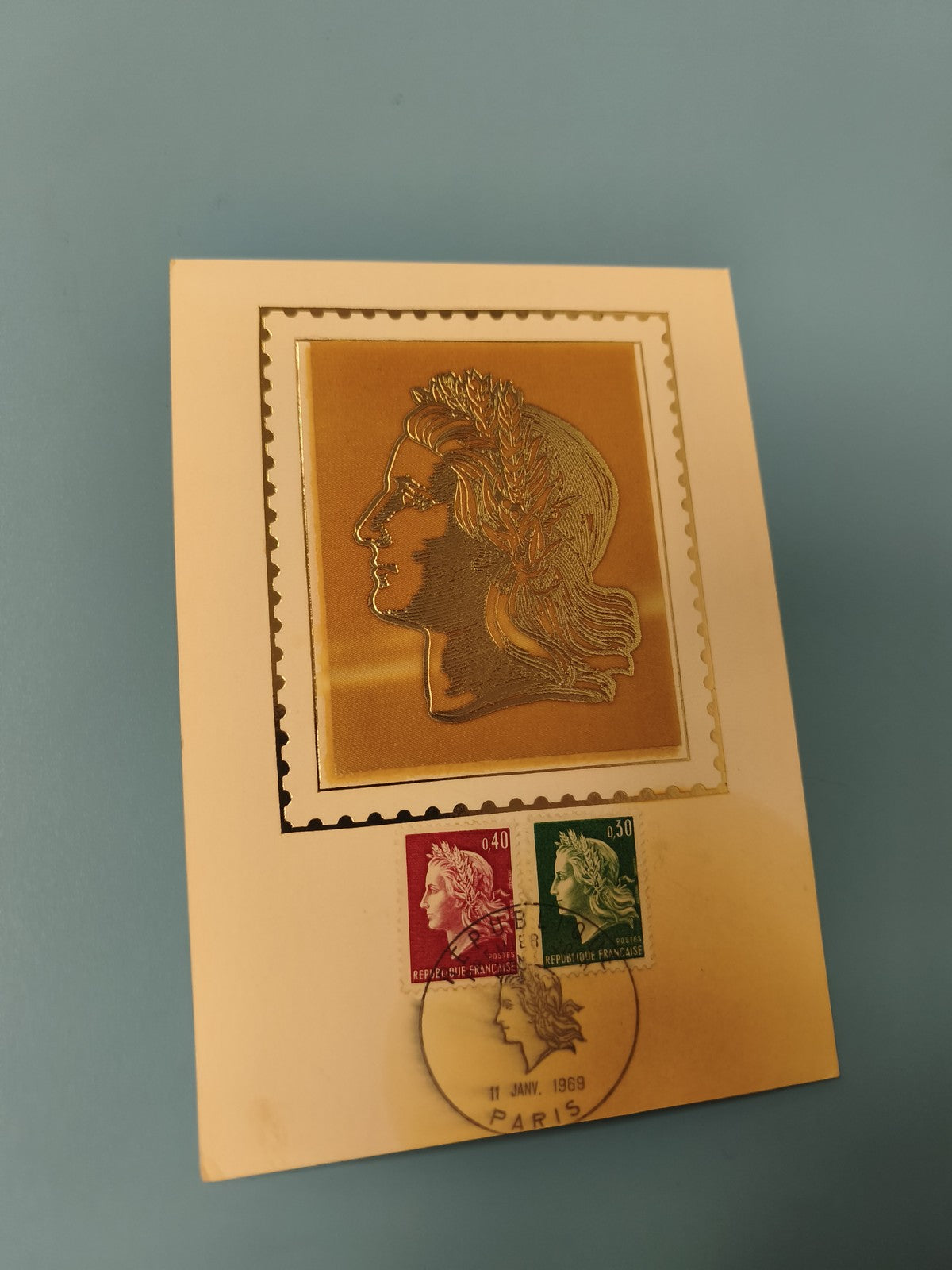 Enveloppe premier jour FDC Marianne timbres 1969 Paris doré rouge vert
