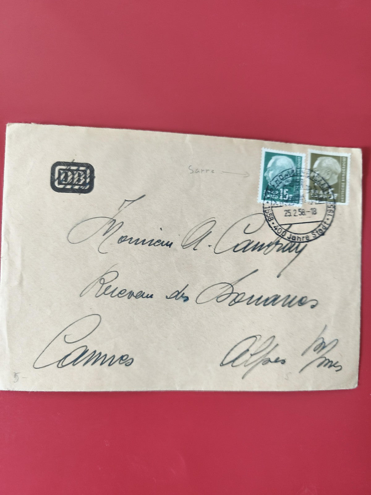 Enveloppe timbrée philatélie Sarre, affranchissement Camus, cachet visible