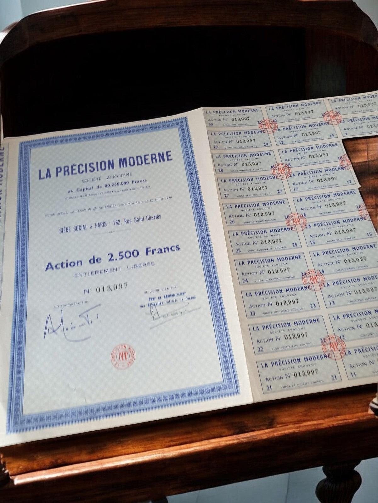 Action au porteur La Précision Moderne 1929 papier financier vintage ancien
