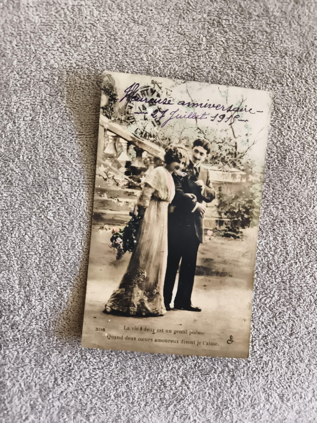 CPA romantique couple 1912, photo ancienne colorisée, message manuscrit