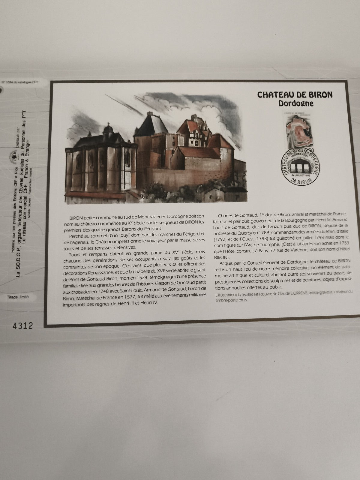 Feuillet philatélique CEF Château de Biron Dordogne illustration timbre