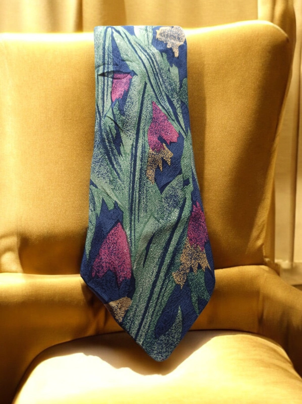 Cravate vintage Soie motif floral abstrait bleu vert années 80 rétro