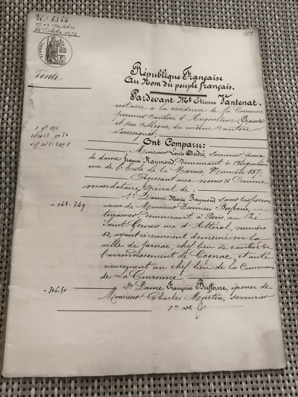 Ancien document manuscrit notarié 1876 République Française vente