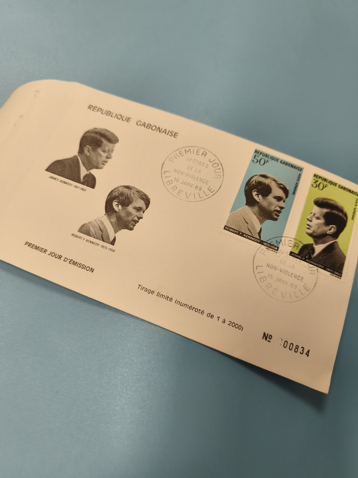 Enveloppe FDC Gabon 1969 Kennedy timbres 30c 50c numérotée 834, Librevillle