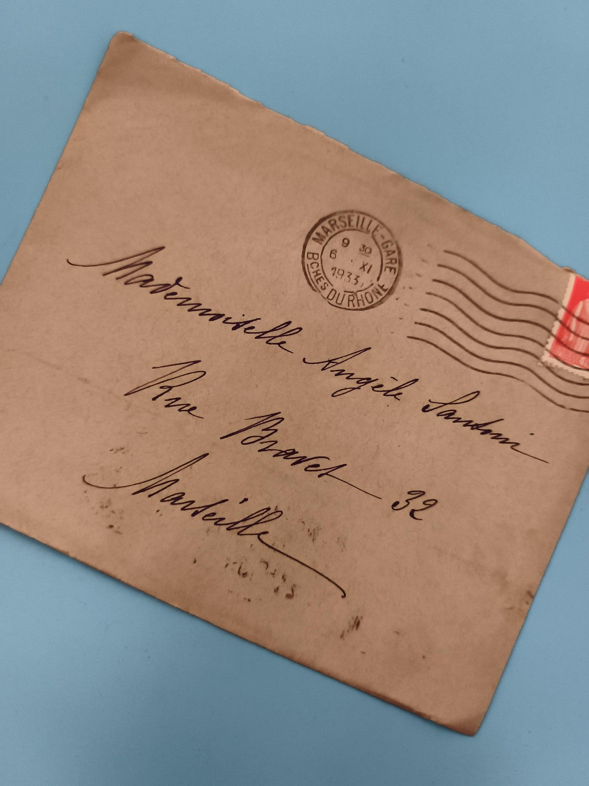 Lettre ancienne oblitérée Marseille 1933, enveloppe manuscrite, philatélie (Ref