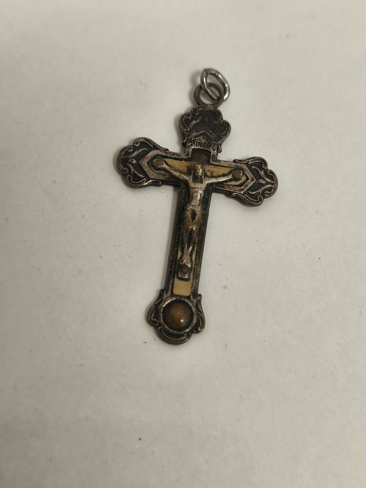 Old Catholic cross pendant Christ INRI vintage enameled religious decor