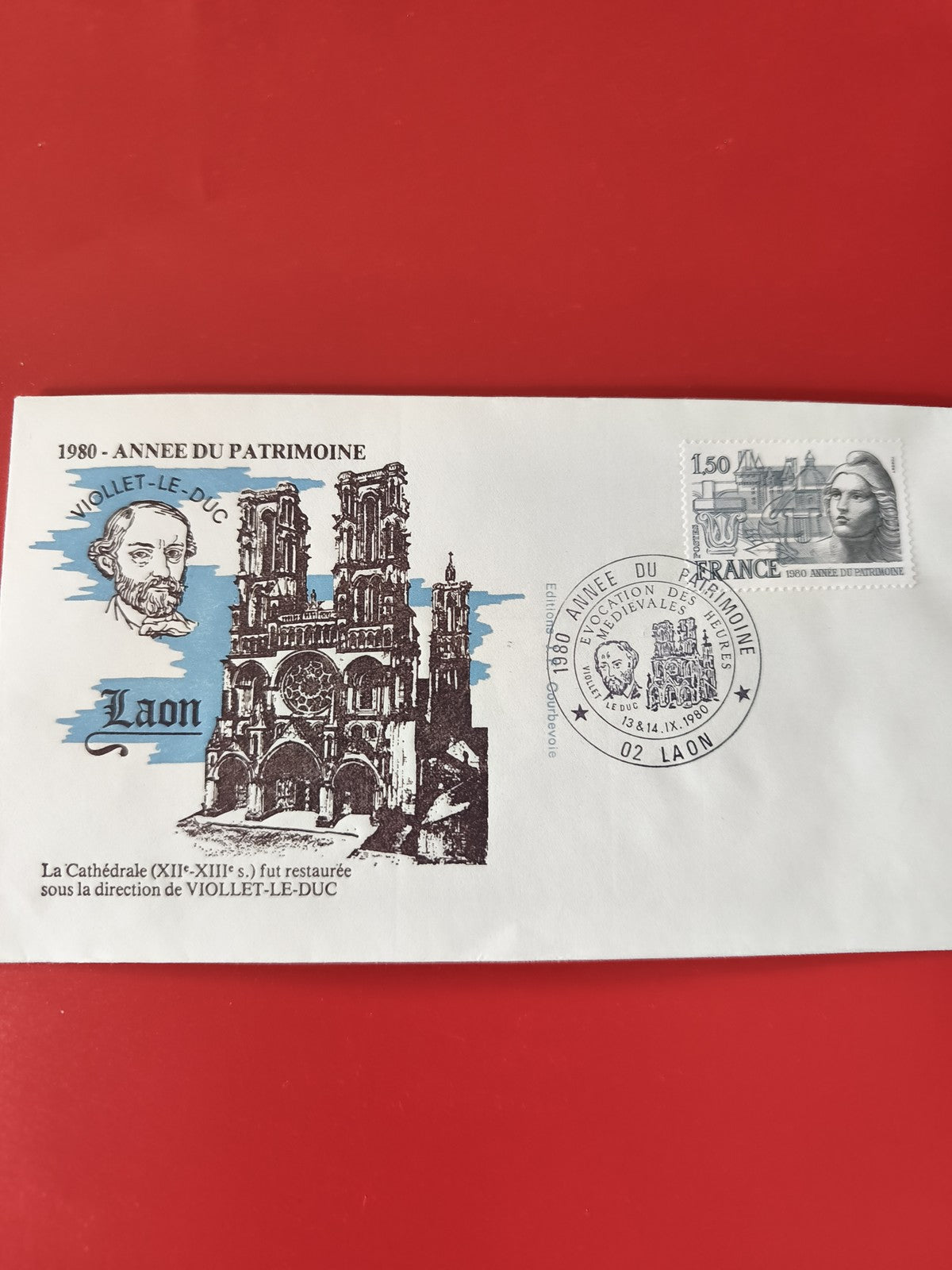 Enveloppe philatélie Laon 1980 Année du Patrimoine, cathédrale, timbre 1,50 FR
