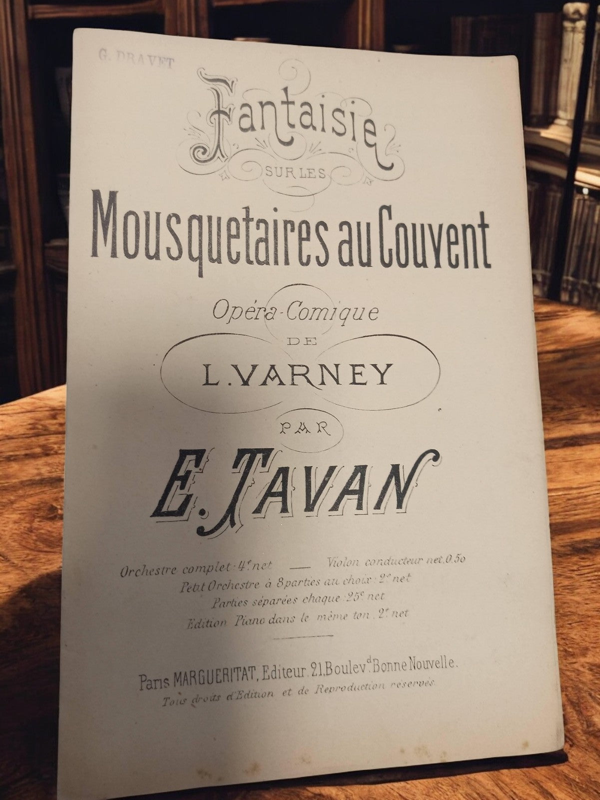 Partition ancienne Fantaisie Les Mousquetaires au Couvent Varney Tavan vintage