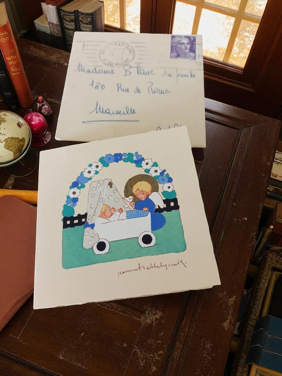 Faire-part de naissance ancien illustré + enveloppe vintage, motif bébé, années