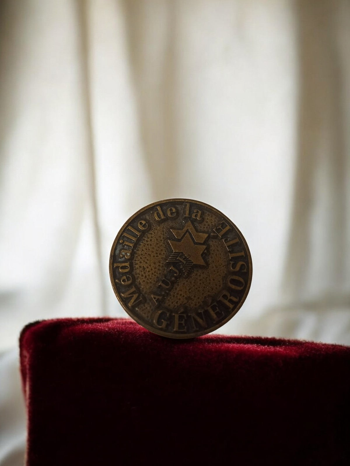 Médaille ancienne de la générosité bronze patiné, décoration vintage rétro