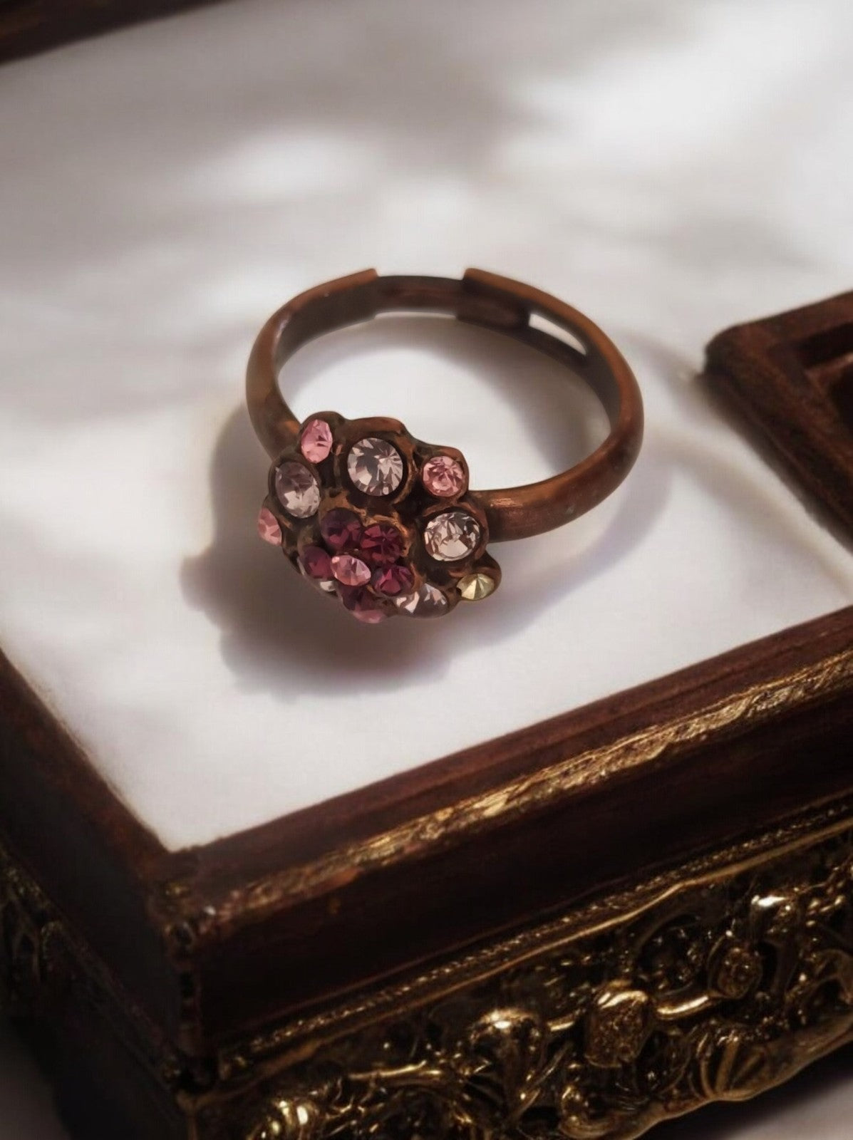 Bague fantaisie vintage réglable, style rétro, strass roses, taille 54