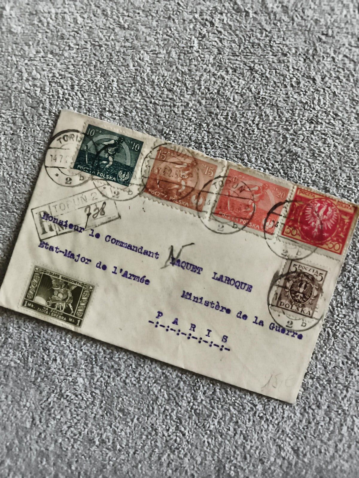 Lettre affranchie Pologne 1947 timbres Toruń Paris philatélie militaire