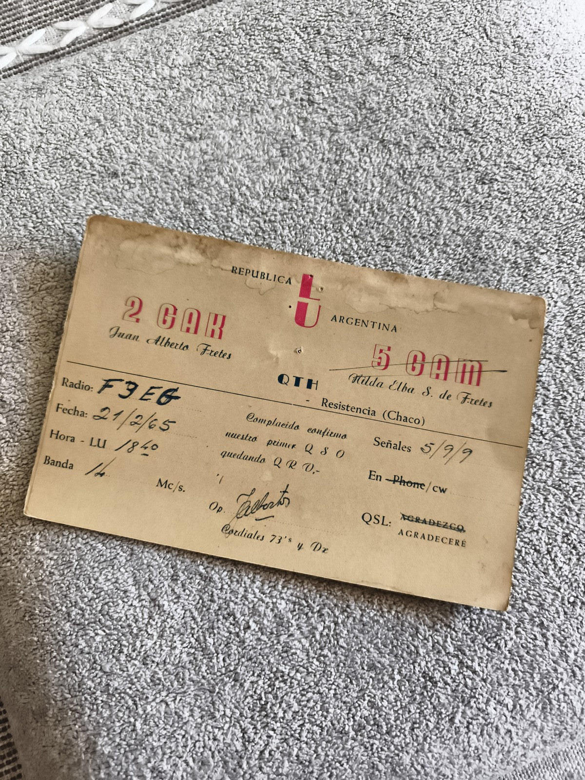 Carte QSL radio ancienne Argentine 1965 vintage, papier, QSO radioamateur