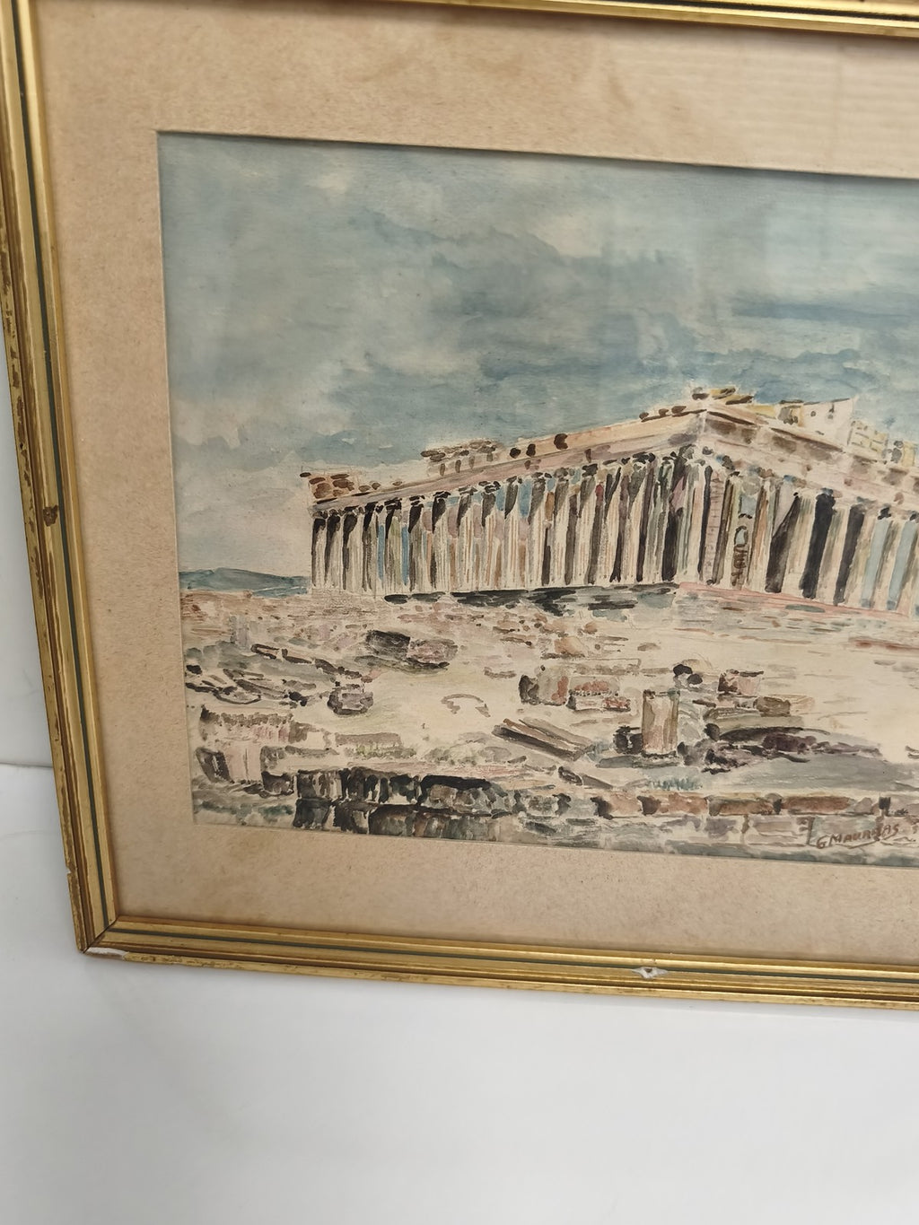 Tableau ancien aquarelle ruines grecques signé Maurras cadre doré vintage