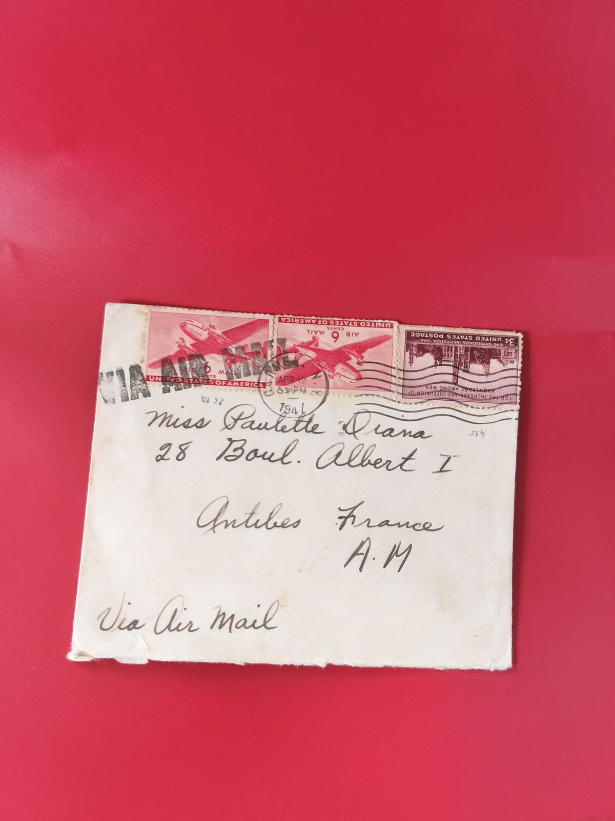 Enveloppe philatélie affranchie États-Unis, timbres avion, Via Air Mail