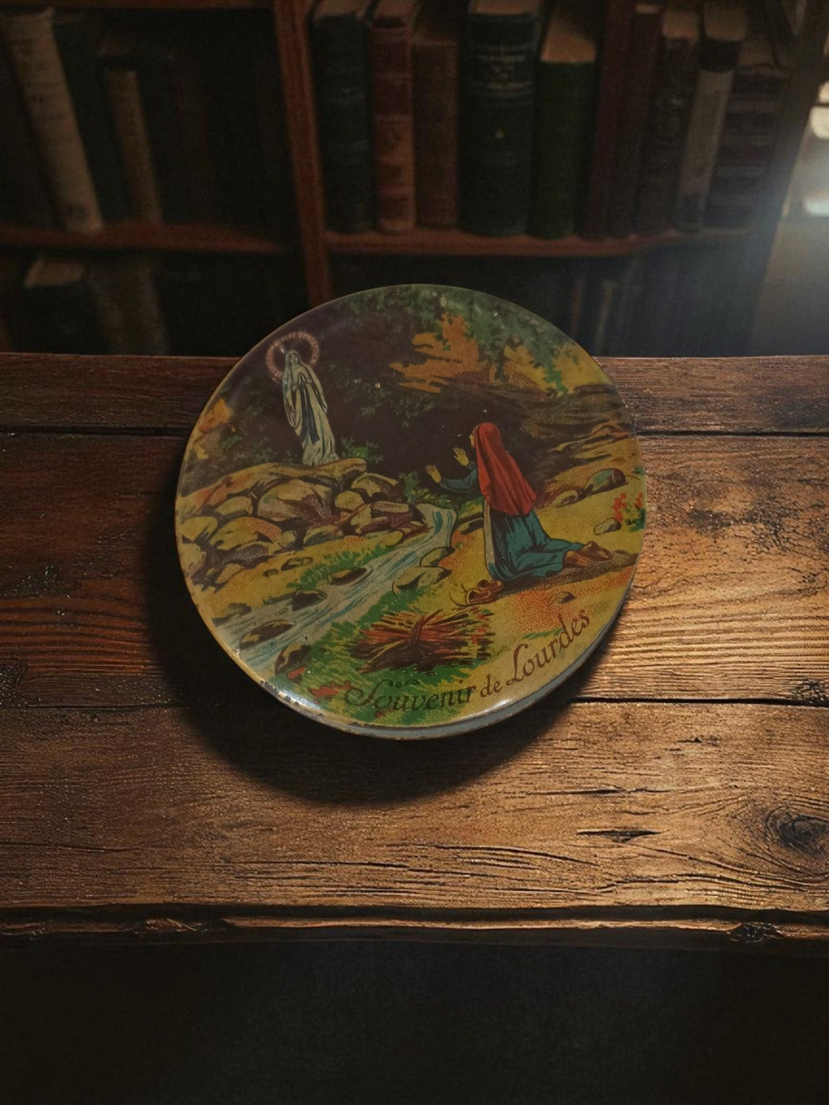 Vintage antique Lourdes souvenir plate, religious retro object colourful decor