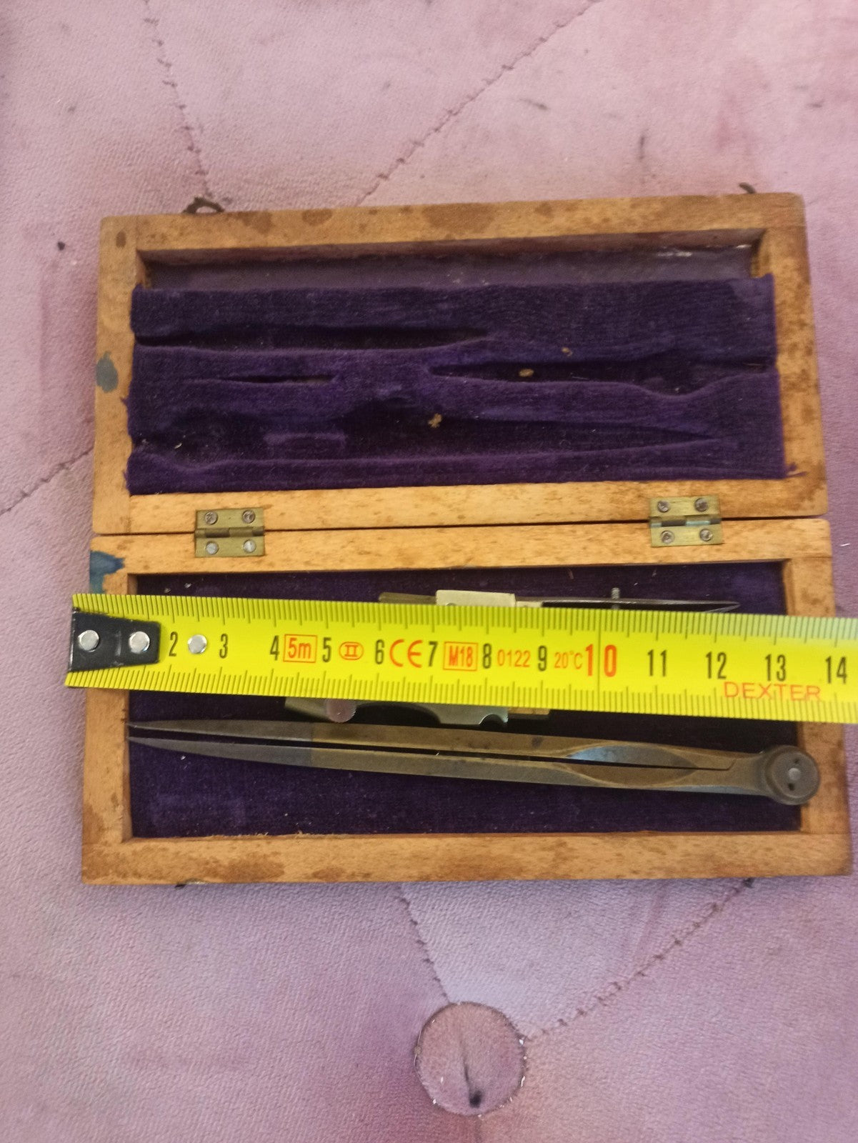 Compas ancien en coffret bois, instruments dessin vintage, étui velours