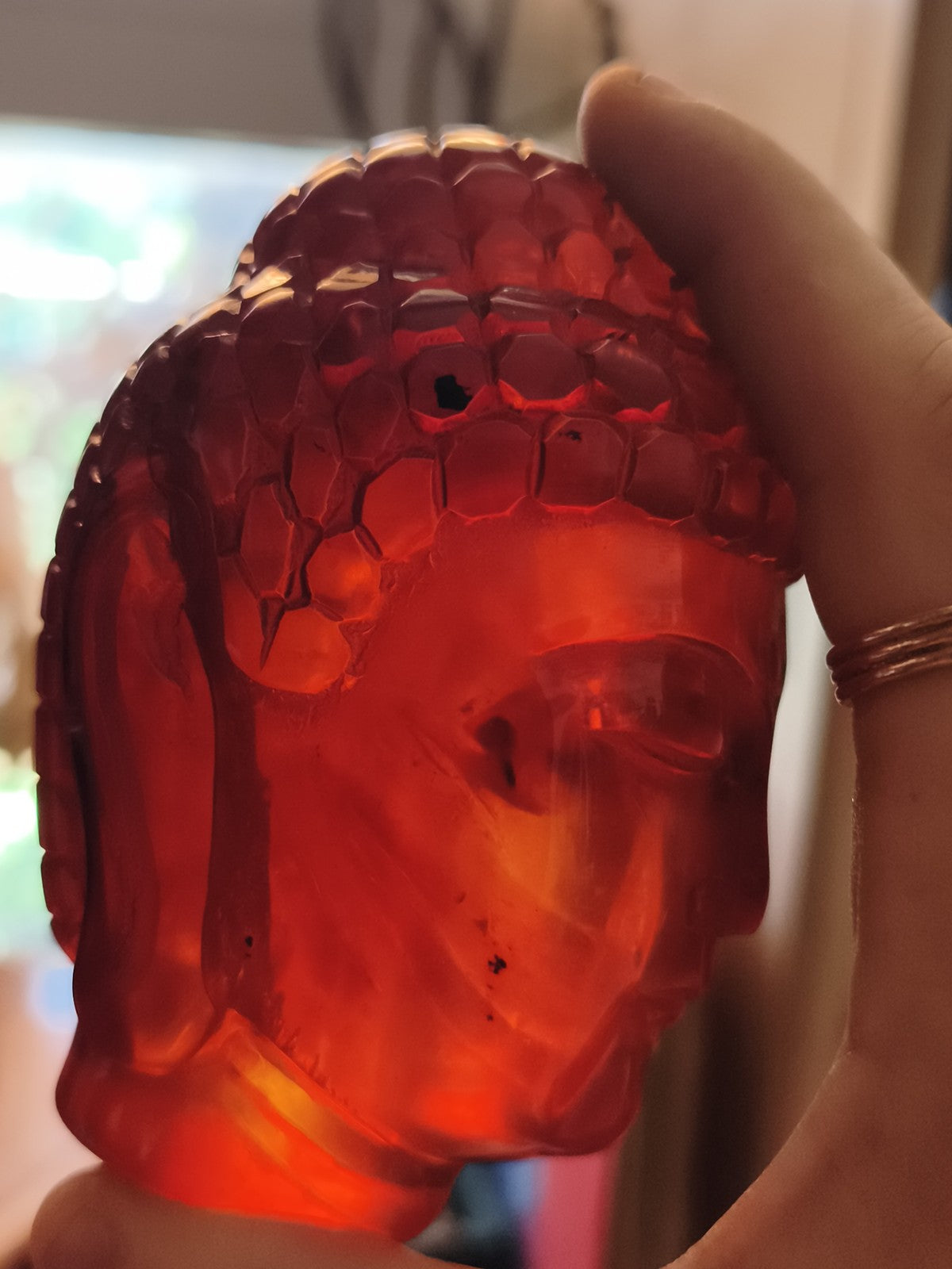 Tête de Bouddha ancienne bakélite rouge sculpture déco vintage Asie zen